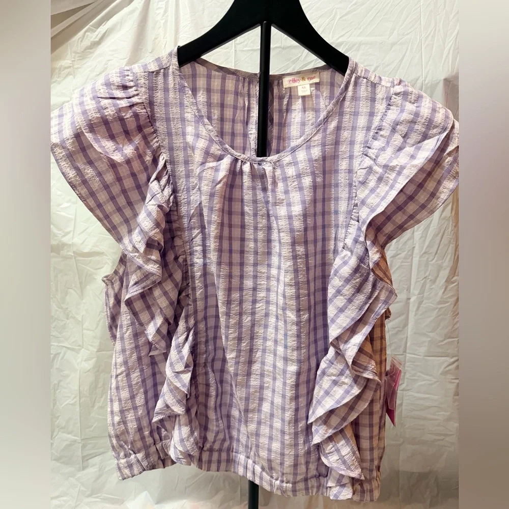 Riley & Rae Lavender Checkered Ruffle Blouse - Picture 1 of 4